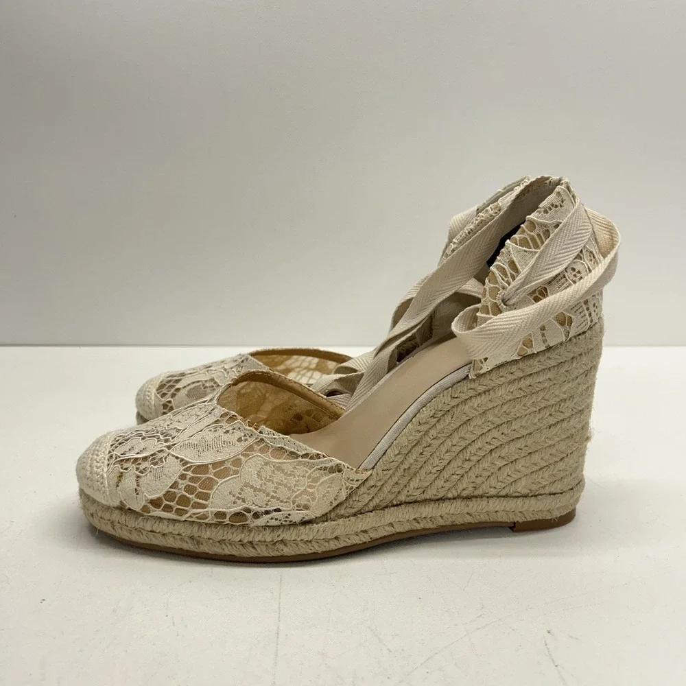 Reformation Camilla Lace Up Wedge Espadrille Cream‎ Lace Size 10.5 Boho Wedding